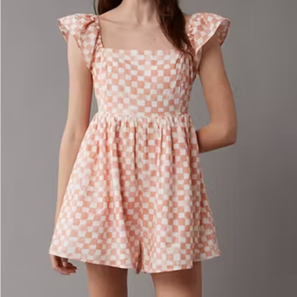 American Eagle Outfitters Coral and White Checkered Romper